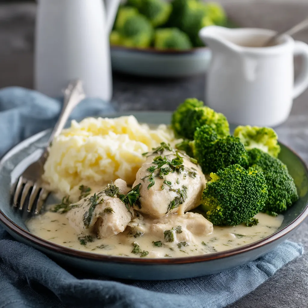Creamy Crockpot Chicken with Cream of Chicken Soup Dinner Plate creamy crockpot chicken with cream of chicken soup, mashed potatoes, and broccoli on a blue plate