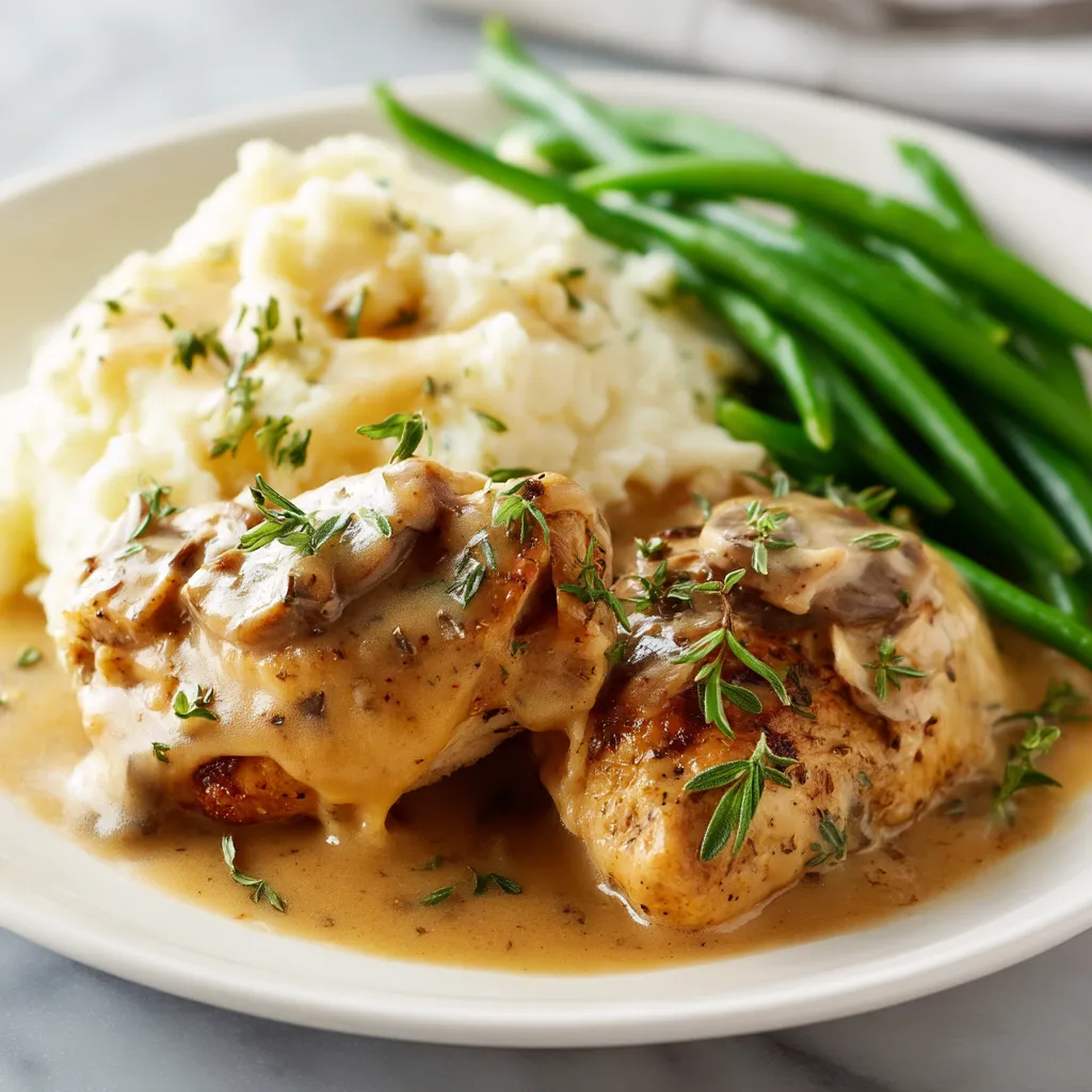 Easy Crockpot Chicken Recipes with Gravy and Vegetables Easy crockpot chicken recipes with creamy gravy, mashed potatoes, and green beans on a white plate