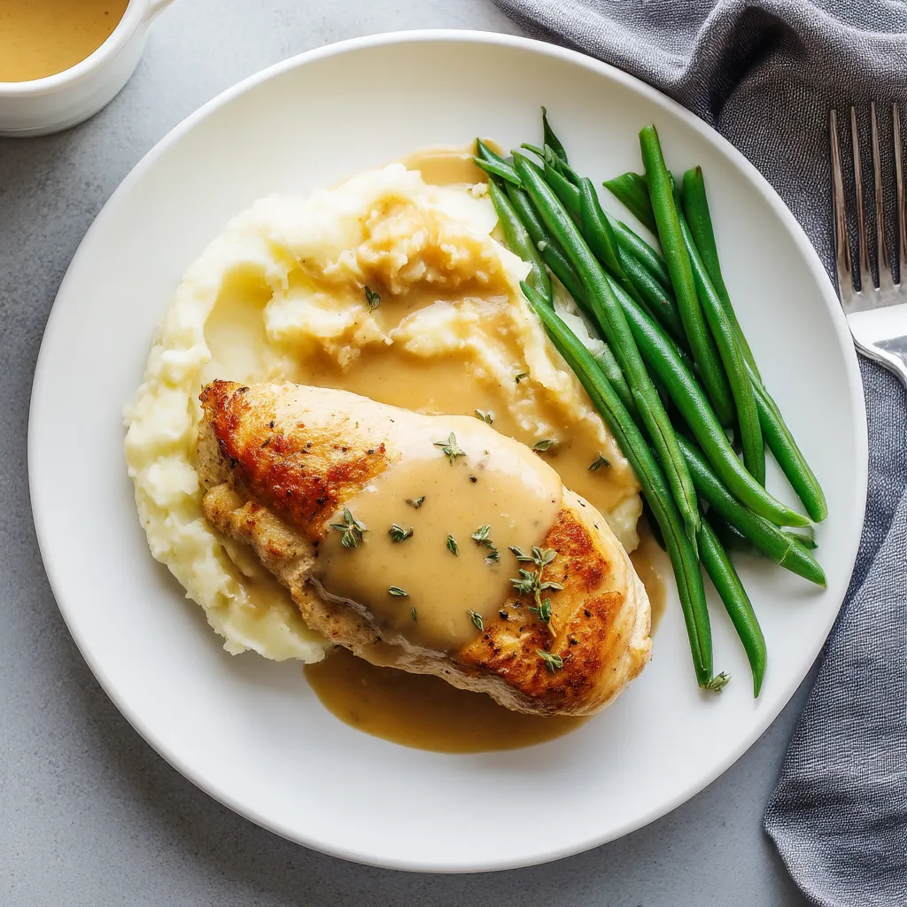 Golden Chicken and Gravy Recipe with Mashed Potatoes and Green Beans Chicken and gravy recipe with mashed potatoes and green beans on a white plate