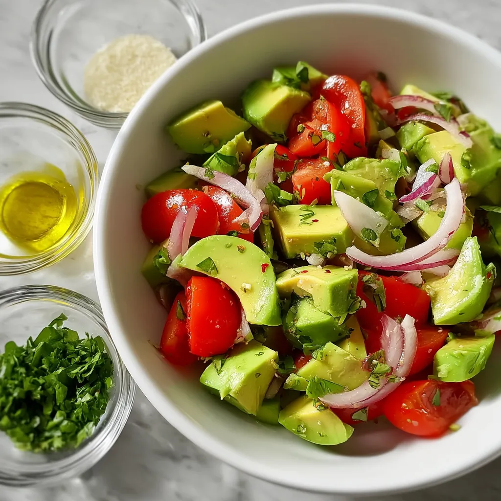 Fresh avocado salad recipe "Fresh avocado salad recipe with cherry tomatoes, red onions, and chopped herbs in a white bowl, surrounded by olive oil, parsley, and sesame seeds."