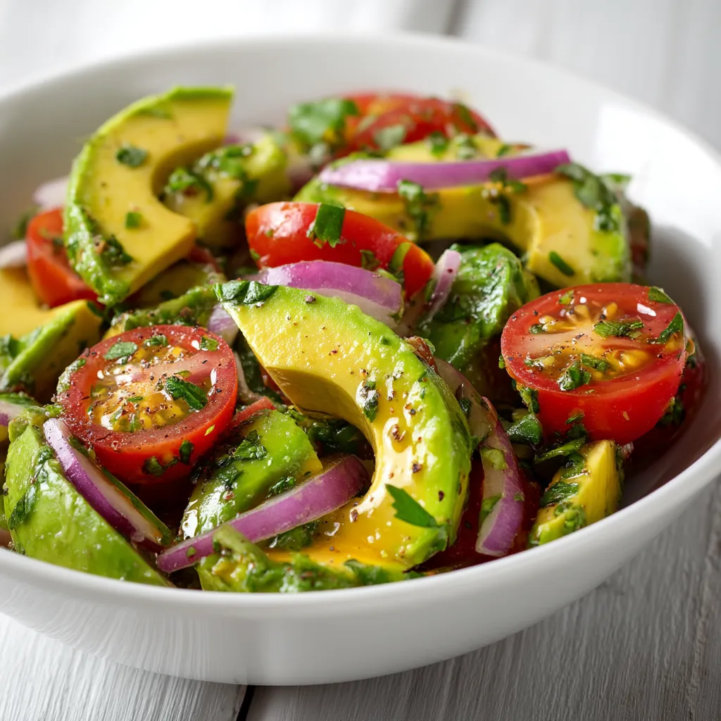 Fresh avocado salad recipe Fresh avocado salad recipe with tomatoes, cucumber, and lime, topped with herbs.