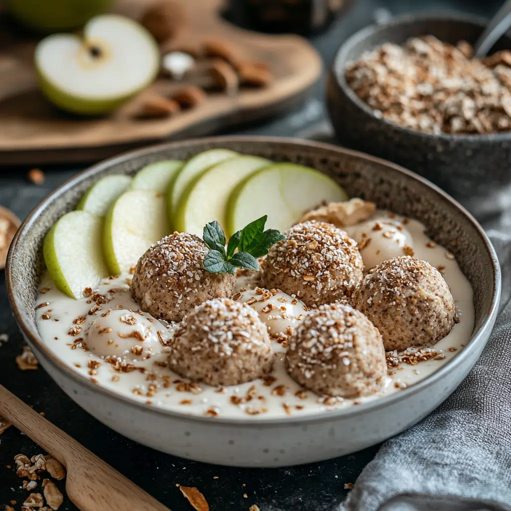 protein cookie dough balls served with apple slices and smoothie bowl