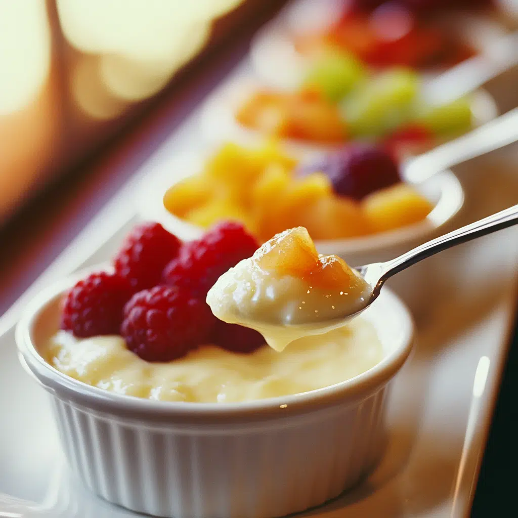 Dessert being spooned into ramekins with fresh fruit topping, bright lighting, close-up