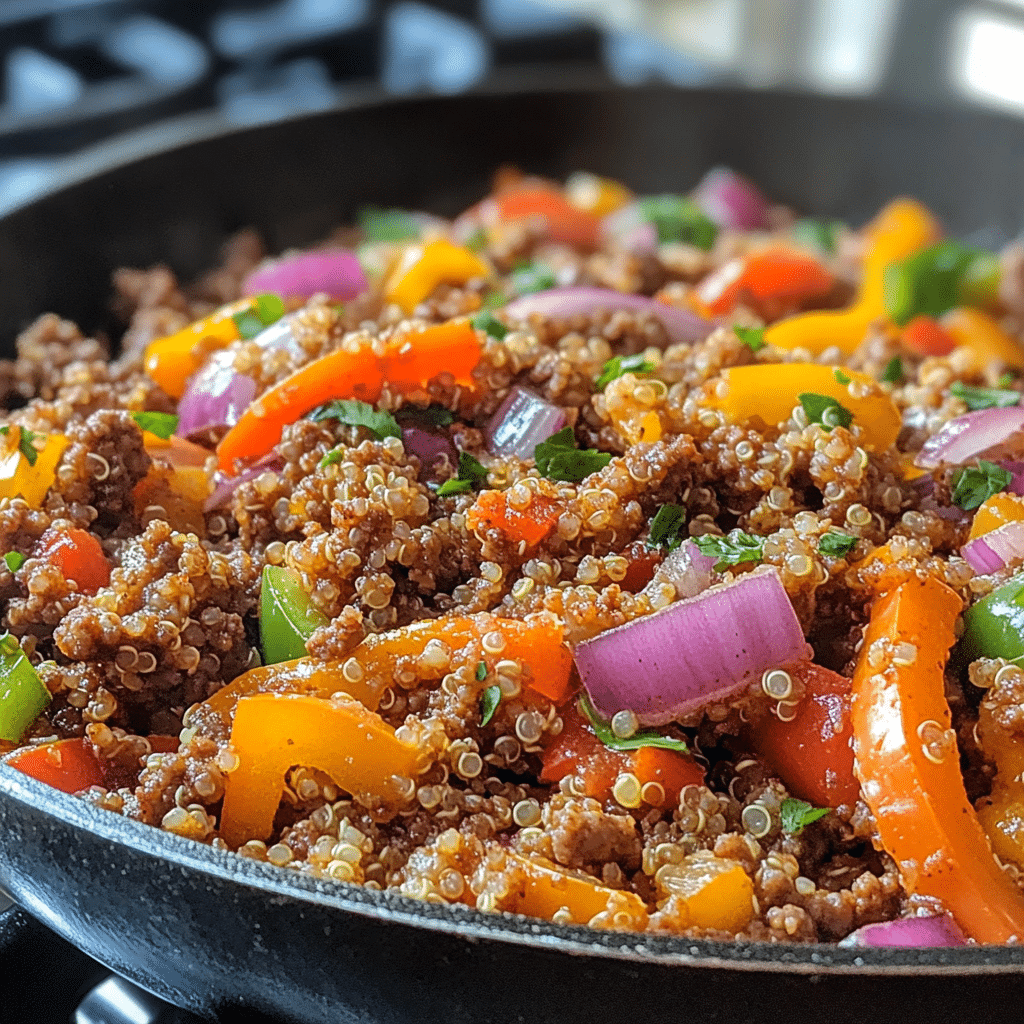 Easy high protein ground beef recipes with peppers and quinoa in a skillet