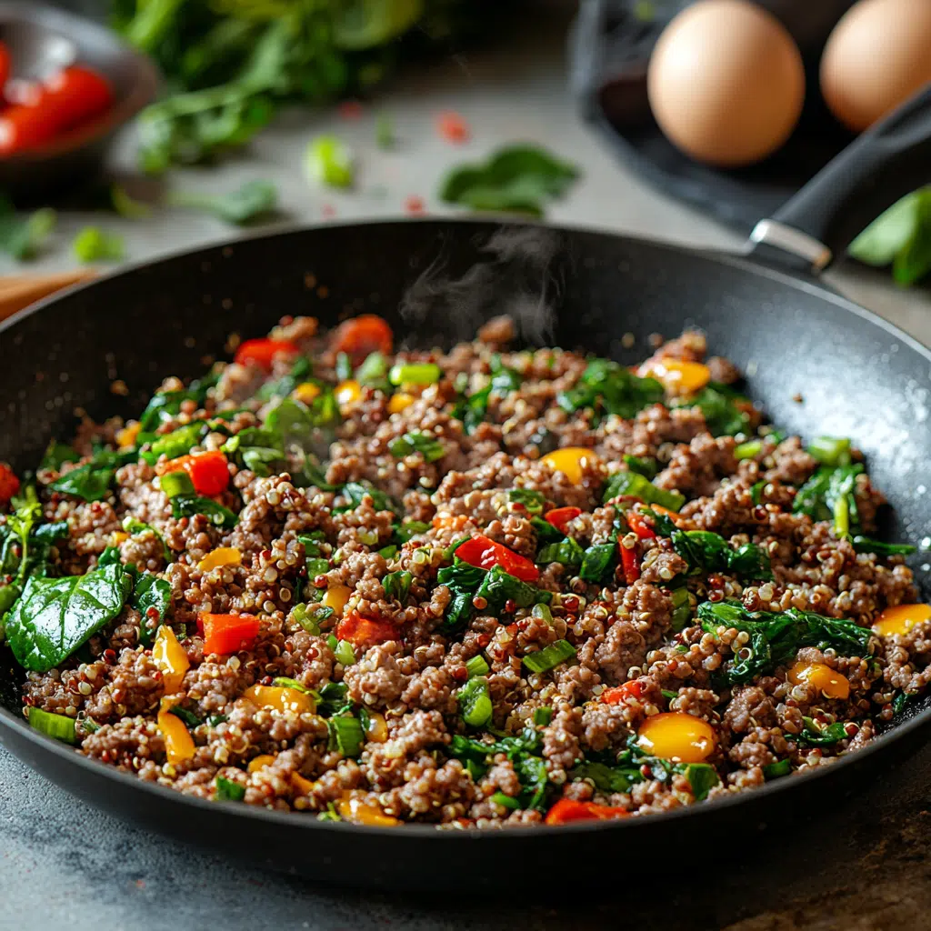 Ground beef high protein recipe skillet with quinoa and eggs