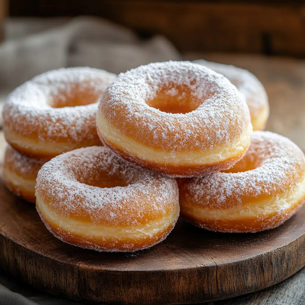 powdered donuts stacked with powdered sugar on wooden board