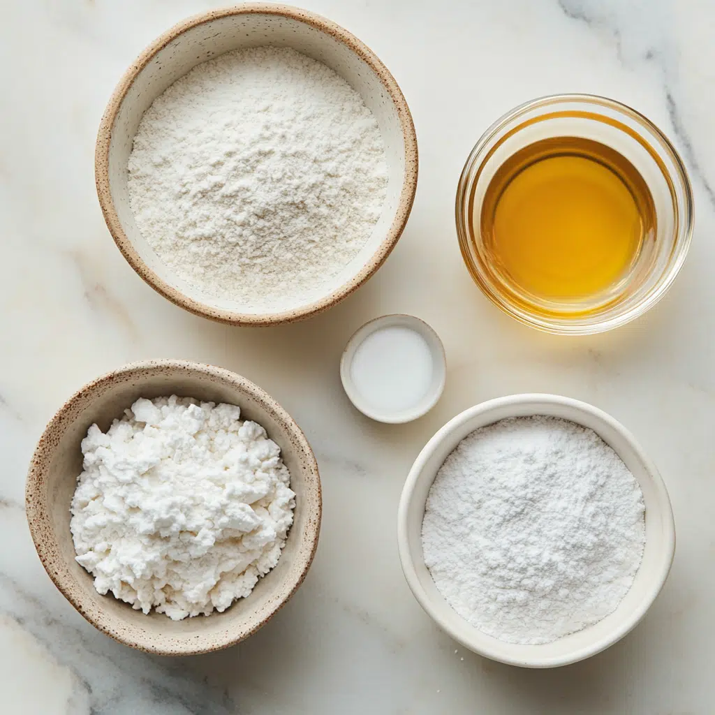 powdered donut ingredients including flour, syrup, coconut oil, and powdered sugar