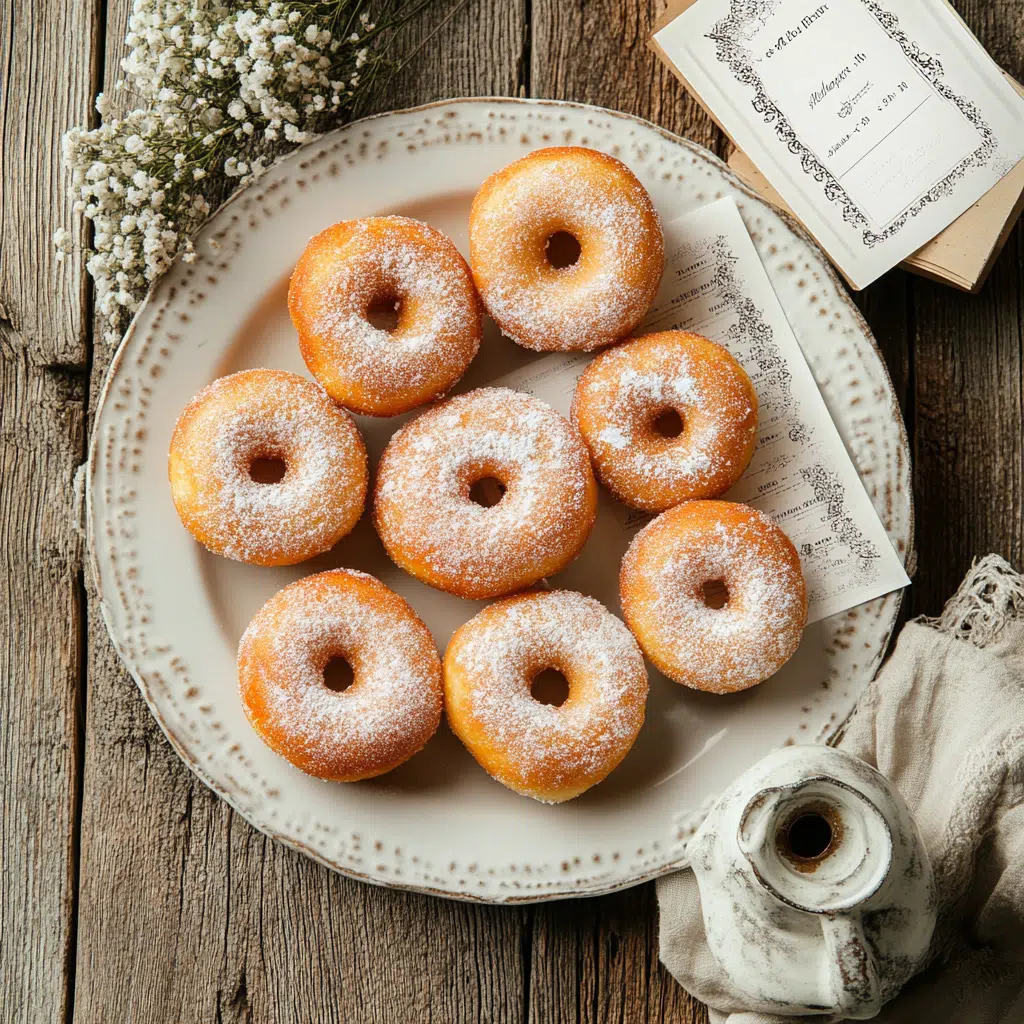 powdered donuts served on a vintage plate with tea and rustic decor