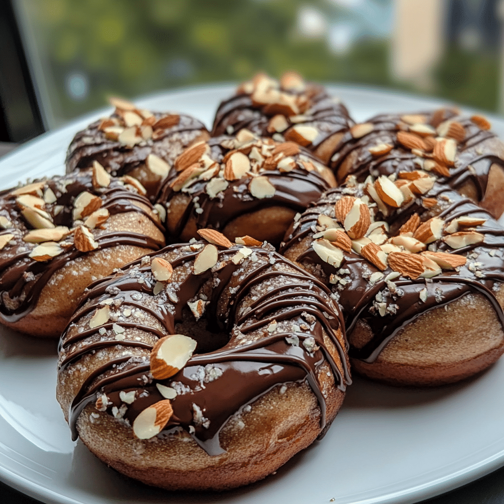 Close-up of protein donuts with chocolate drizzle and almonds