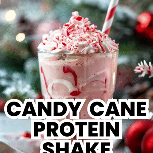Candy Cane Protein Shake in festive glass with whipped cream and crushed candy canes