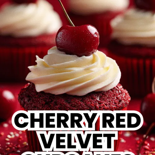 Cherry red velvet cupcakes with cream cheese frosting and cherry garnish—festive