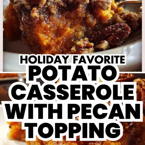 Classic holiday sweet potato casserole topped with golden brown pecan crumble in a white baking dish