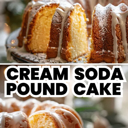 Sliced cream soda pound cake on a platter with white icing and powdered sugar.