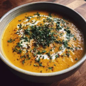 Bowl of creamy butternut squash soup garnished with toasted pumpkin seeds, coconut milk drizzle, and fresh herbs on rustic background