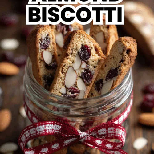 Biscotti cookies with sliced almonds and dried cherries in a festive jar