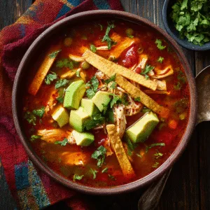 Chicken tortilla soup with avocado, tortilla strips, and cilantro in a bowl.