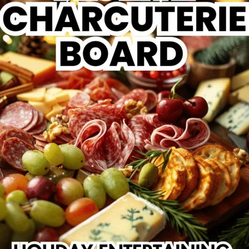 Festive charcuterie board loaded with meats, cheese, fruit, nuts, crackers, and rosemary garnish