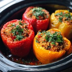 Crockpot Mediterranean stuffed peppers filled with quinoa, turkey, and feta.