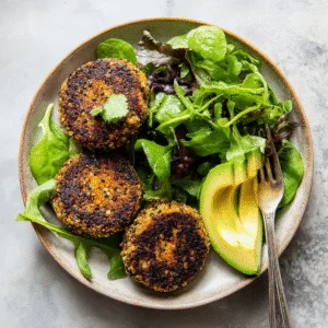 Lentil and Quinoa Burger Patties: Golden brown lentil and quinoa burger patty on whole grain bun with fresh lettuce, sliced tomato, avocado, and sauce