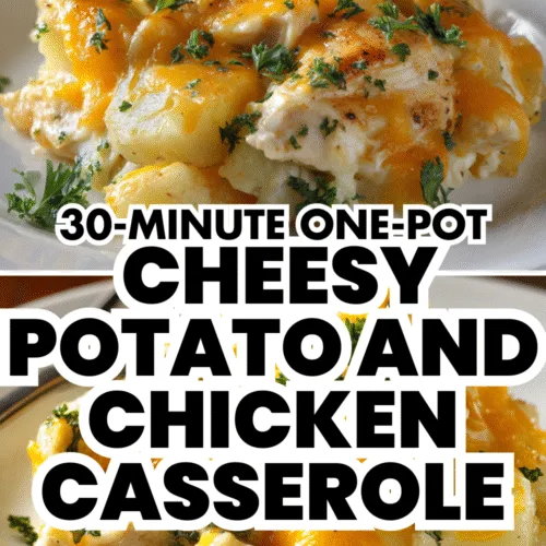 One-pot cheesy potato and chicken casserole in a skillet with melted cheese—quick dinner