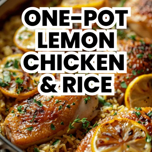 Skillet with lemon chicken and rice, topped with lemon slices and herbs—easy dinner.