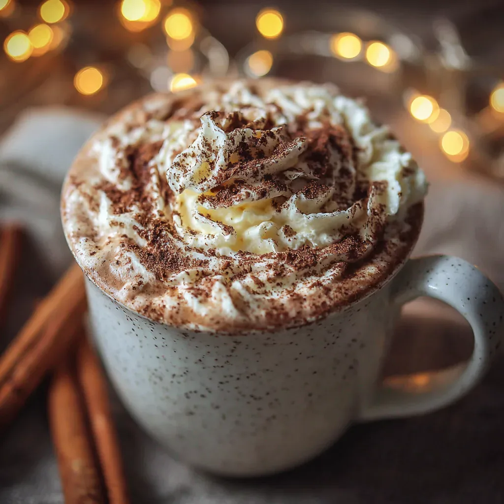 Creamy protein hot chocolate in white mug topped with whipped cream and cocoa powder, high protein healthy drink recipe