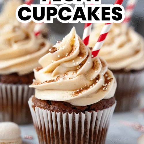 Frosted root beer float cupcakes with paper straws and maraschino cherries—retro treat