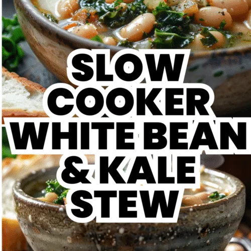 Bowl of slow cooker white bean and kale stew with vegetables and herbs—cozy winter meal