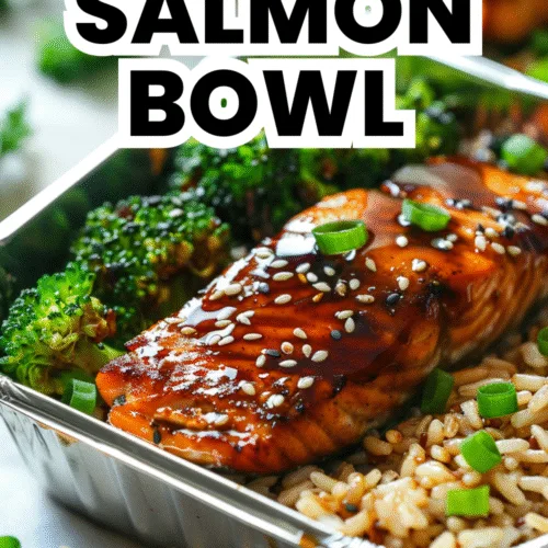 Teriyaki salmon bowl with rice, broccoli, edamame, and avocado—omega-3 rich meal prep