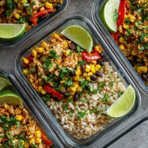 Colorful tex mex chicken burrito bowl in meal prep container with brown rice, seasoned chicken, black beans, corn, bell peppers, cherry tomatoes, and lime wedge