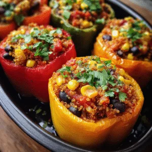 Colorful baked vegetarian stuffed bell peppers filled with quinoa, black beans, corn, and melted cheese in white baking dish