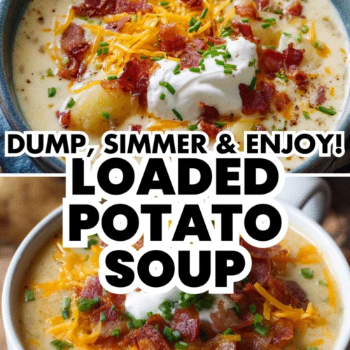 One-pot loaded potato soup in a bowl with bacon, cheddar cheese, and green onions