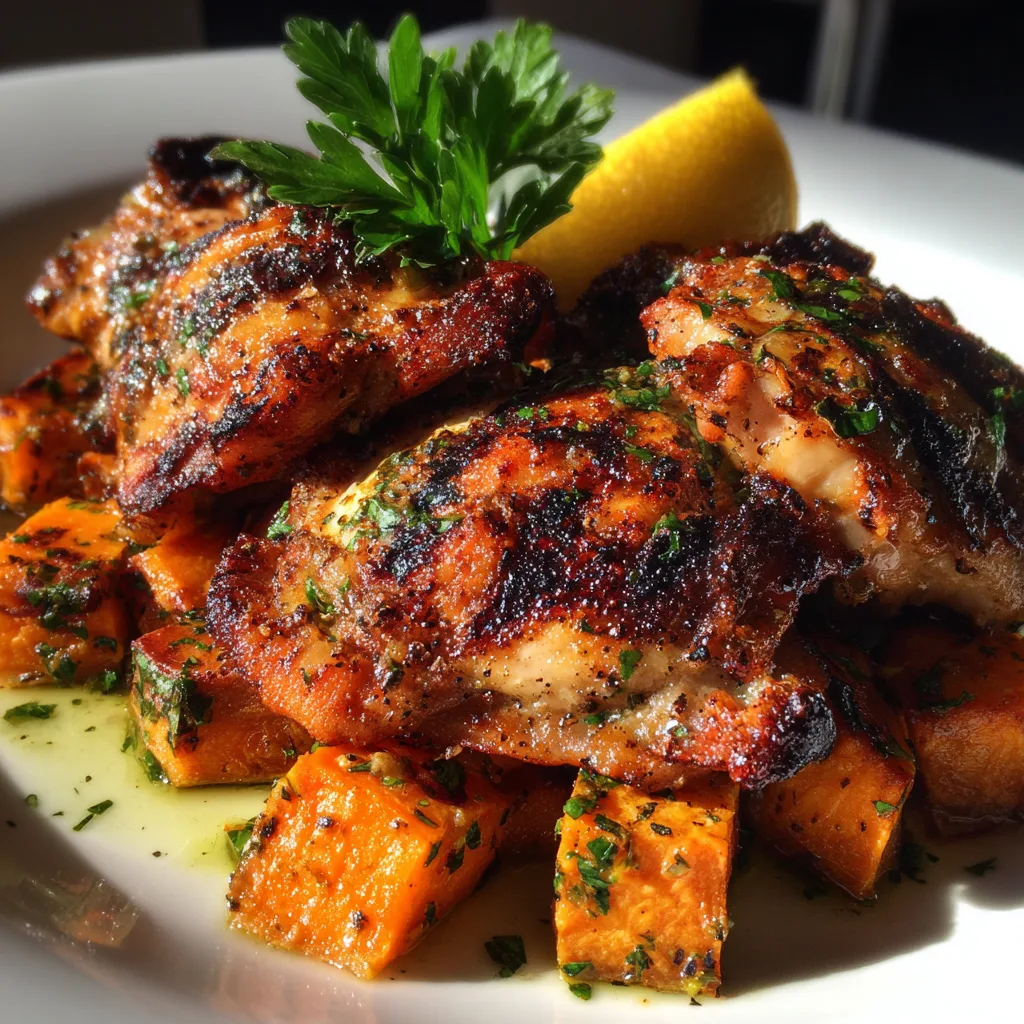 Grilled chicken thighs with herb-roasted sweet potatoes featuring crispy golden skin, fresh rosemary garnish, and caramelized sweet potato cubes on white plate