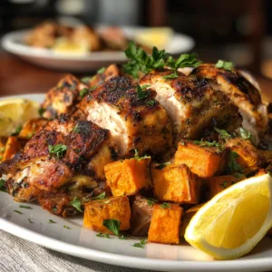 Instant Pot Turkey and Potato One-Pot Dinner with herbs and gravy on white plate