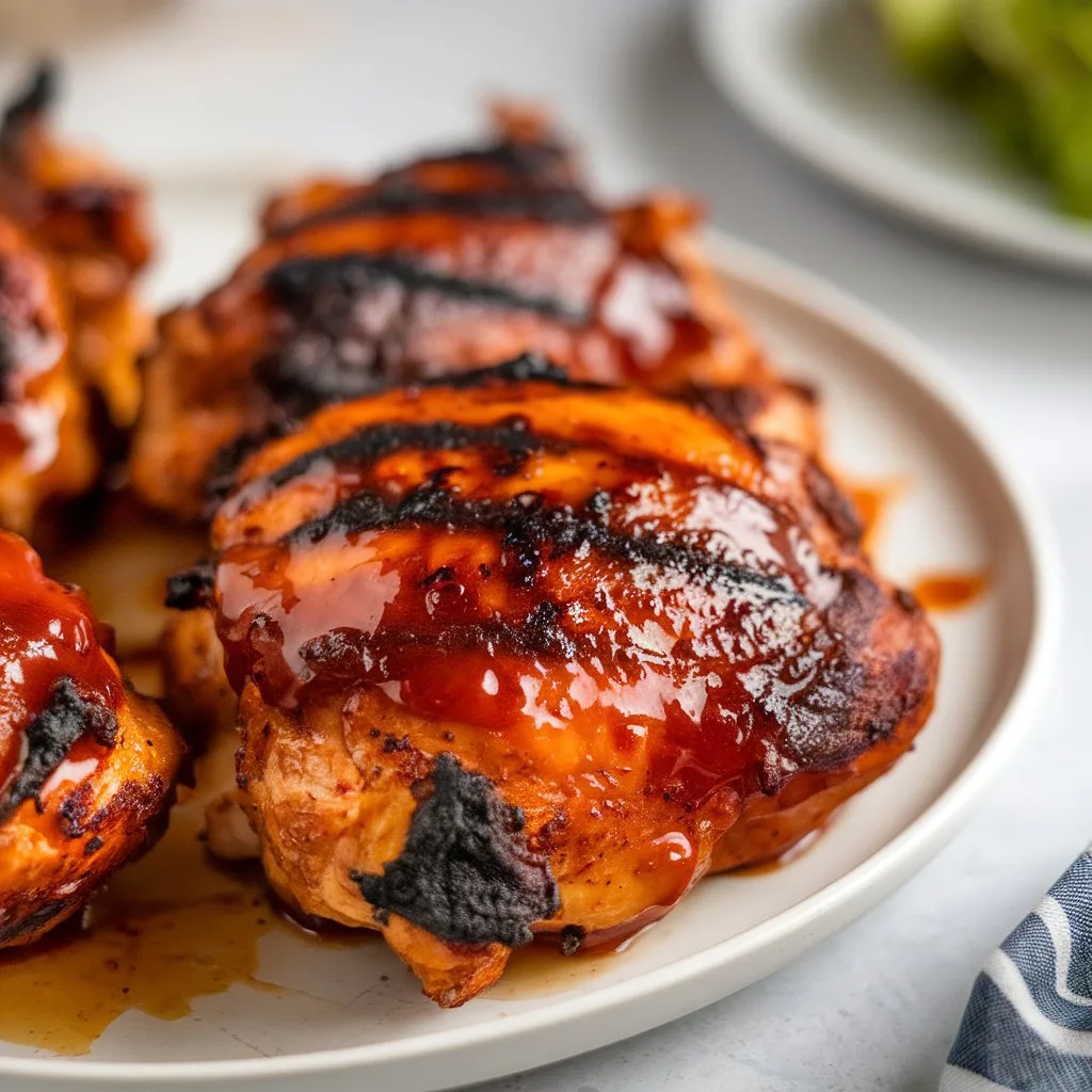 Air fryer BBQ chicken thighs with crispy golden skin brushed with tangy BBQ sauce