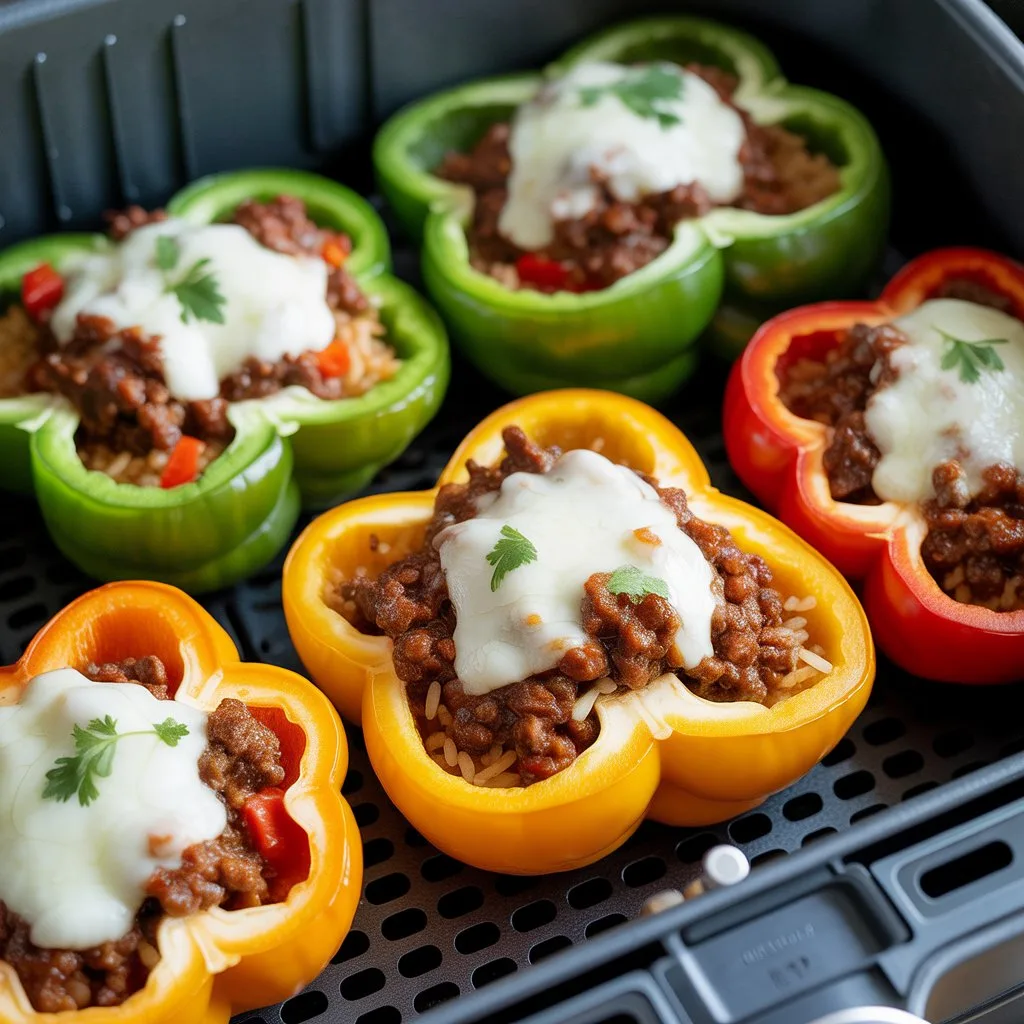 Air fryer unstuffed peppers with seasoned ground beef, chopped red yellow and green bell peppers, rice, tomato sauce, and melted mozzarella cheese in air fryer basket