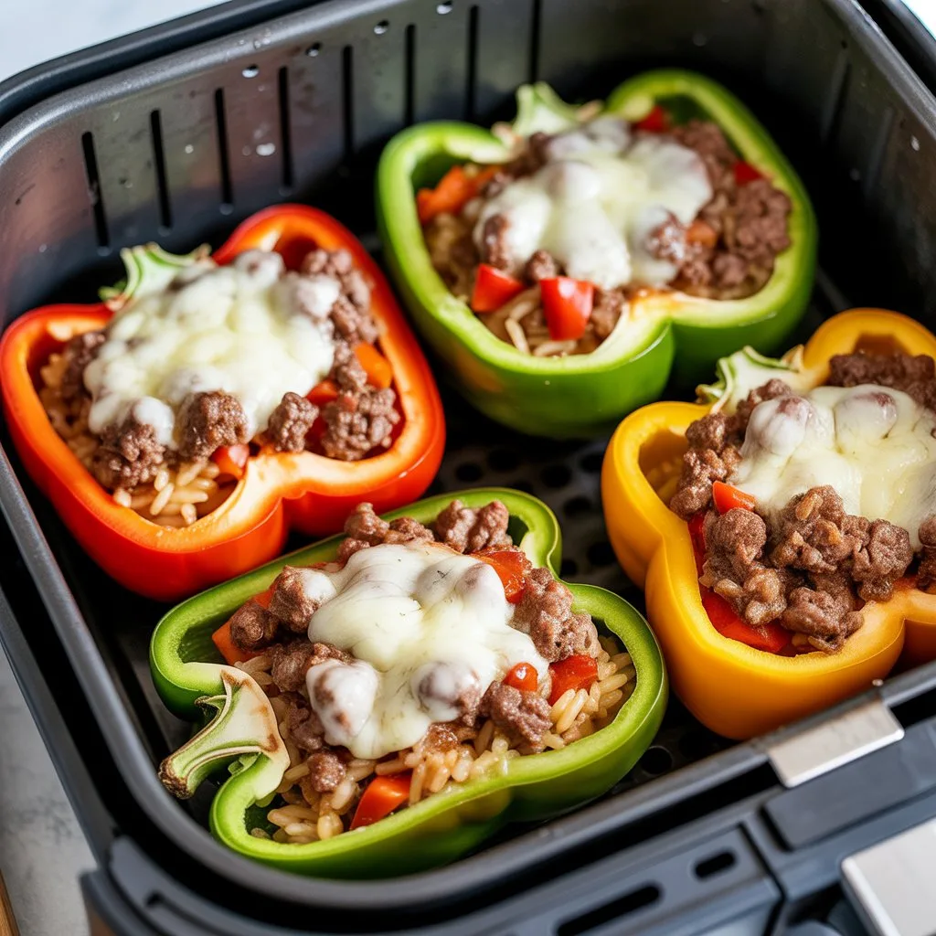 Air fryer unstuffed peppers with seasoned ground beef, chopped red yellow and green bell peppers, rice, tomato sauce, and melted mozzarella cheese in air fryer basket