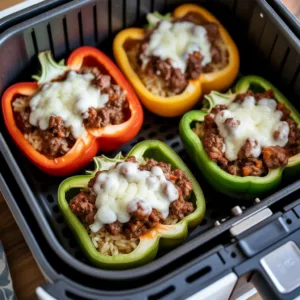 Air fryer unstuffed peppers with seasoned ground beef, chopped red yellow and green bell peppers, rice, tomato sauce, and melted mozzarella cheese in air fryer basket