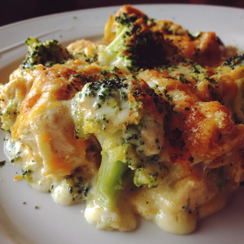 Creamy chicken and broccoli casserole with golden Ritz cracker topping and cheese sauce