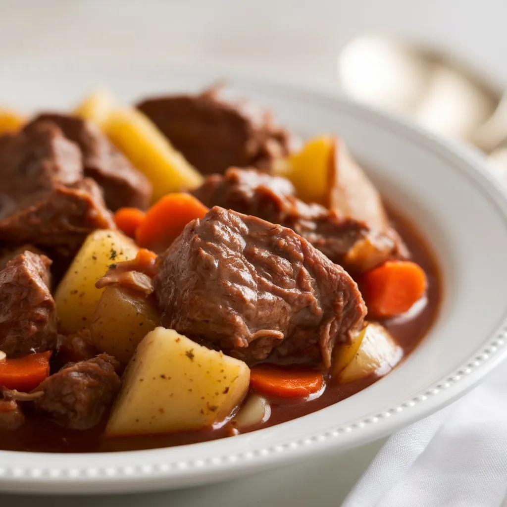 Crockpot Beef & Potato Stew (Dump-and-Go) with beef chunks and potatoes in savory gravy