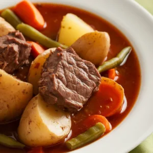 Crockpot Beef and Potato Stew (Dump-and-Go) with beef chunks and potatoes in savory gravy