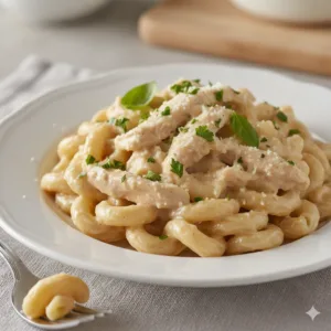 Crockpot chicken alfredo with tender chicken in creamy sauce over fettuccine