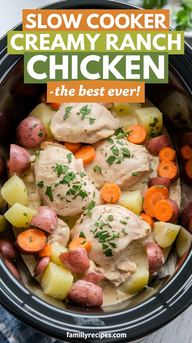 Crockpot creamy ranch chicken with tender shredded chicken breasts in rich creamy ranch sauce, served over white rice in bowl