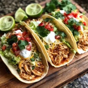 Crockpot salsa chicken tacos with shredded chicken, lettuce, cheese, and sour cream