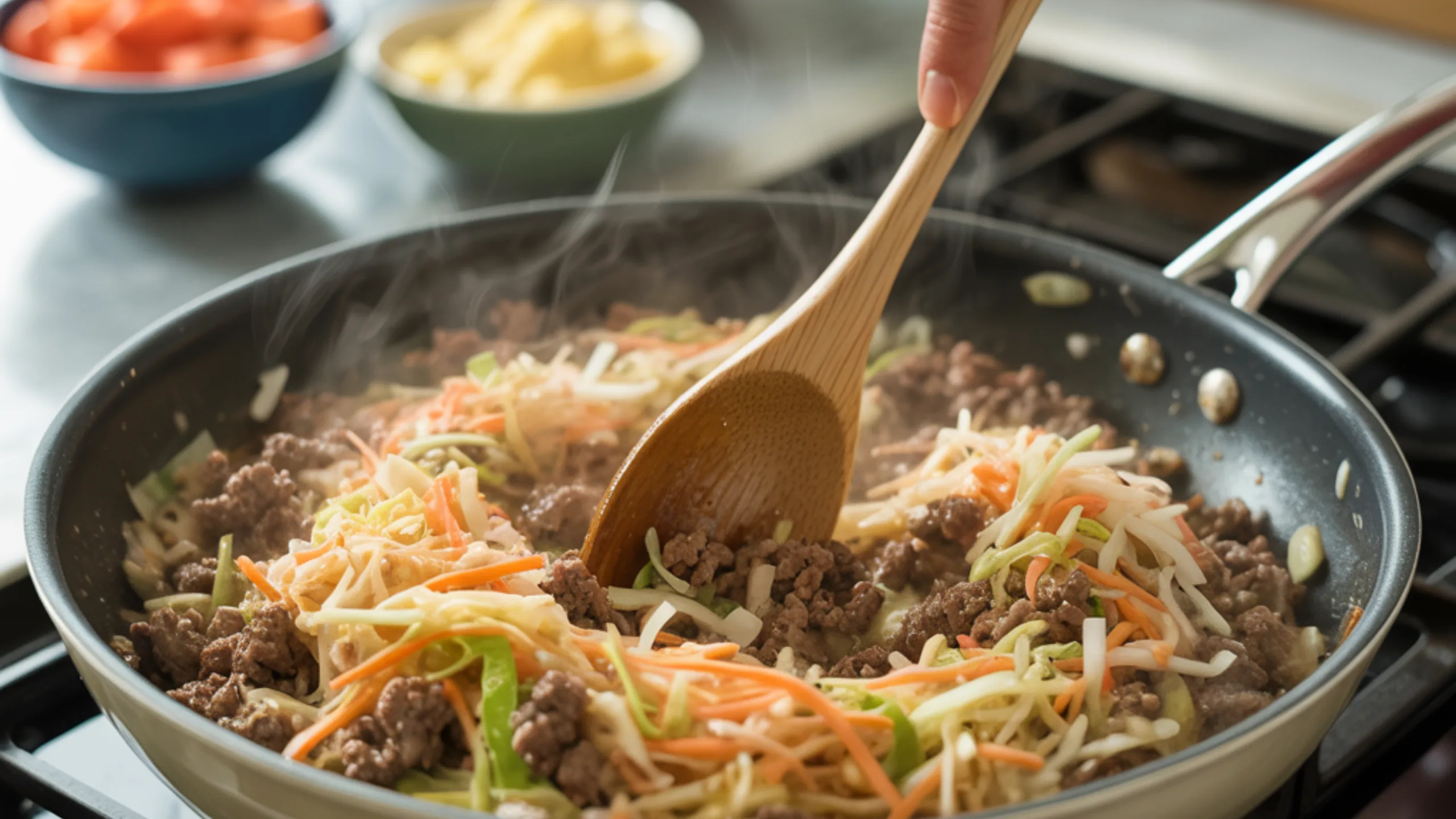Ground beef egg roll in a bowl with cabbage, carrots, sesame seeds and green onions in white serving bowl