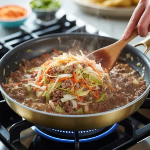 Ground beef egg roll in a bowl with cabbage, carrots, sesame seeds and green onions in white serving bowl