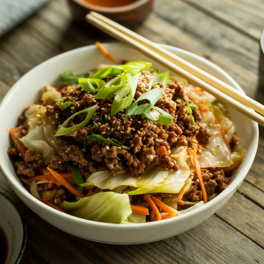 Ground beef egg roll in a bowl with cabbage, carrots, sesame seeds and green onions in white serving bowl