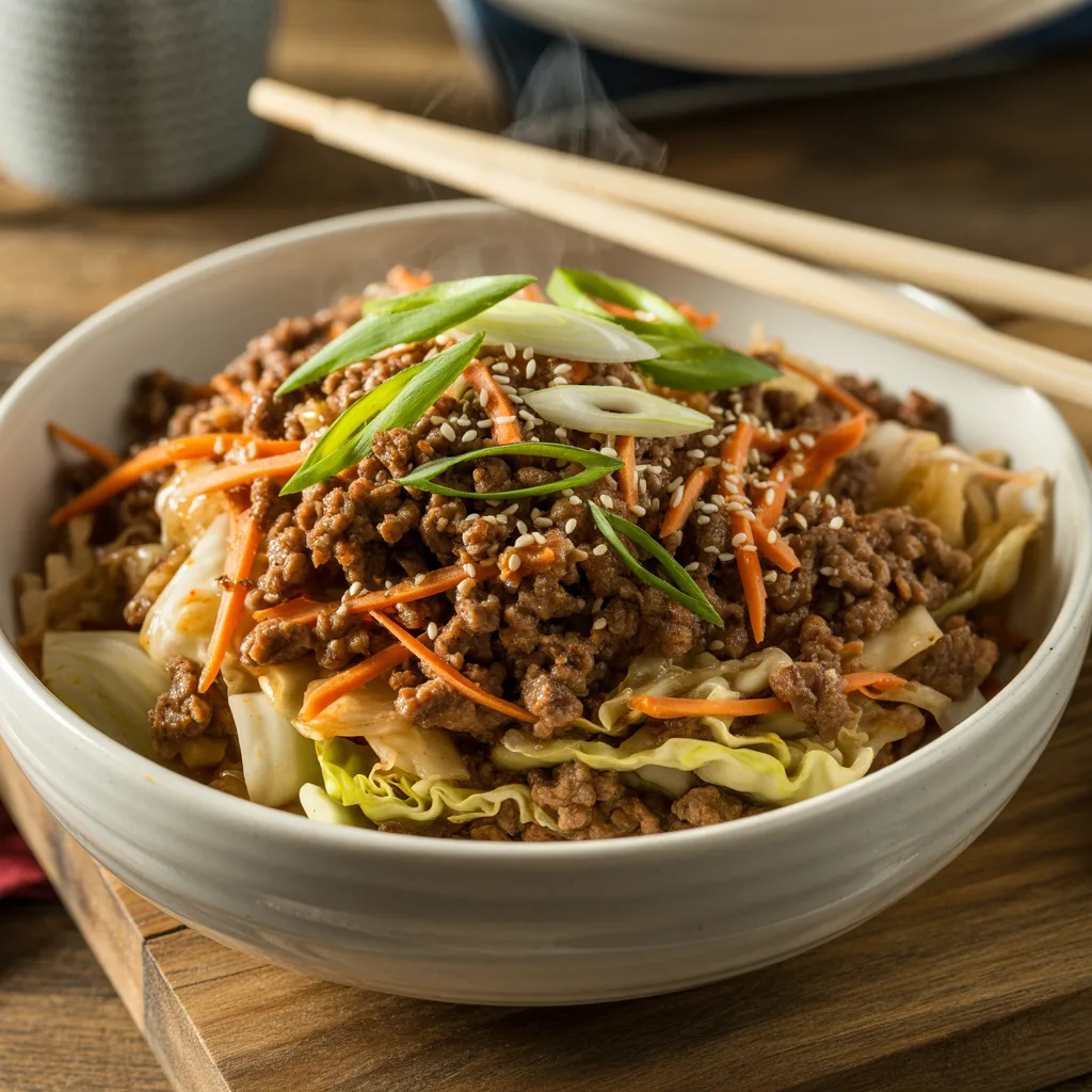 Ground beef egg roll in a bowl with cabbage, carrots, sesame seeds and green onions in white serving bowl