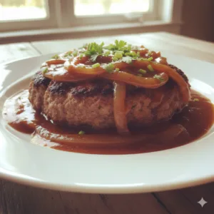 Hamburger steak with onion gravy served over mashed potatoes with caramelized onions