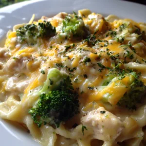 Creamy chicken and broccoli casserole with golden Ritz cracker topping and cheese sauce